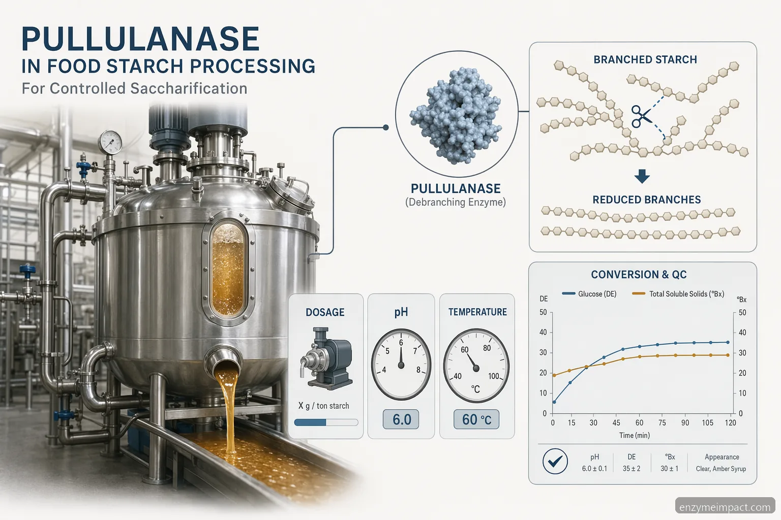 إنفوجرافيك شروط معالجة النشا باستخدام pullulanase في الصناعات الغذائية يوضح الجرعة، pH، درجة الحرارة، وضوابط مردود الشراب