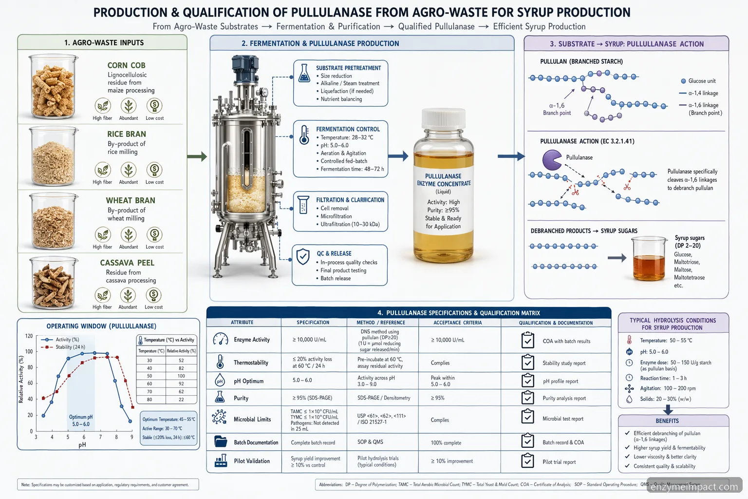 La production de pullulanase avec différents déchets agroalimentaires comme substrat : procédé de débranchage, pH-température et spécifications du sirop.